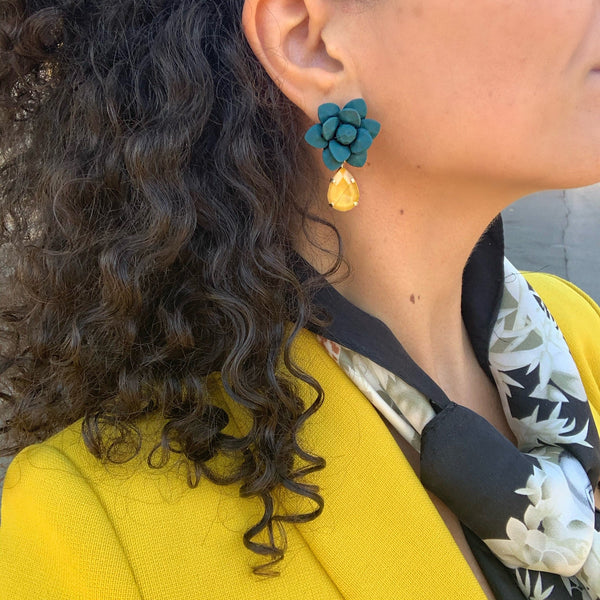 Adriatic Sea Breezy Blue Lily Earrings - Hand Painted Mustard Resin Drop