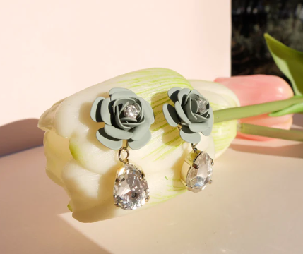 Murano Camellia Dangle Drop Earrings with Crystal Drop- Silk Effect