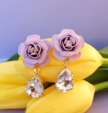 Murano Camellia Dangle Drop Earrings with Crystal Drop- Silk Effect