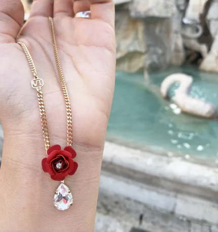 Camellia Necklace with Crystal Drop - Silk Effect