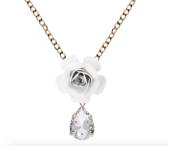 Camellia Necklace with Crystal Drop - Silk Effect
