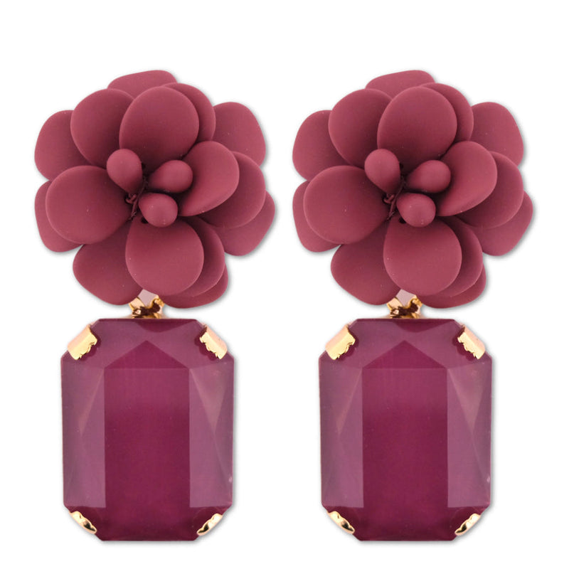Tuscany Grape Purple Hibiscus Earrings - Emerald Cut Hand Painted Resin Pendant