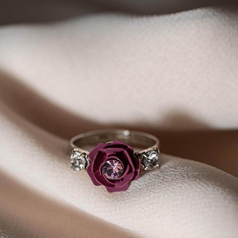 Tuscany Grape Purple Camellia Adjustable Ring with crystals