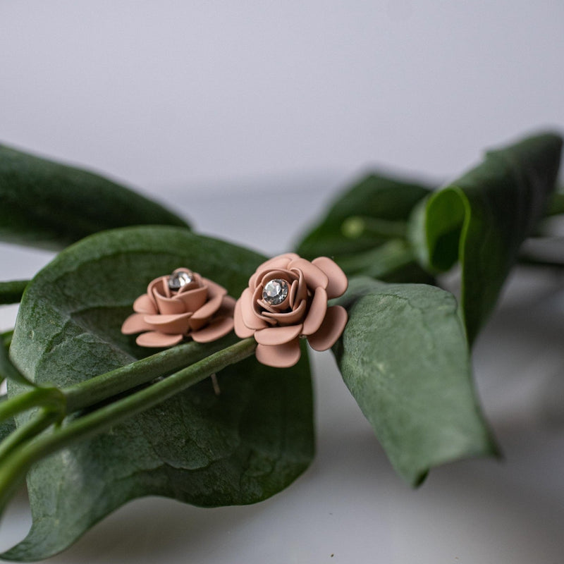 Camellia Stud Earrings with crystal - Silk Effect