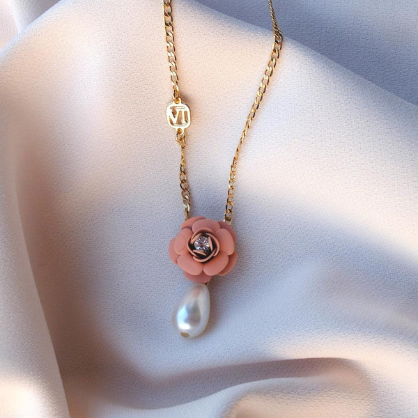 Murano Pink Sunset Camellia Necklace with Pearl Drop Charm - Silk Effect