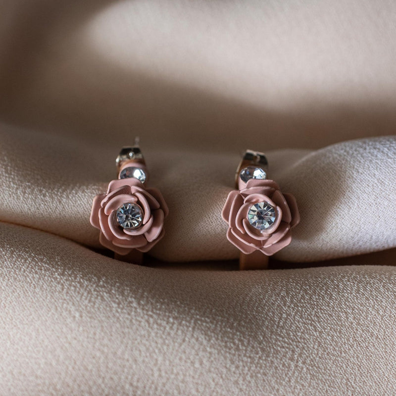 Murano Pink Sunset Camellia Mini Floral Hoop Earrings with Crystals - Silk Effect
