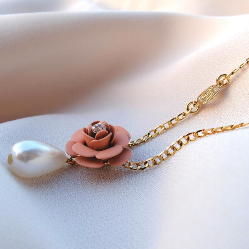 Murano Pink Sunset Camellia Necklace with Pearl Drop Charm - Silk Effect