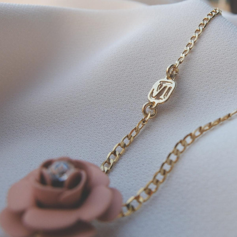 Murano Pink Sunset Camellia Necklace with Pearl Drop Charm - Silk Effect