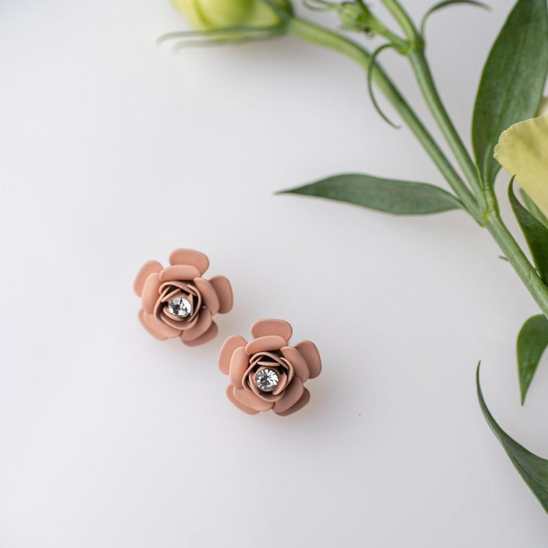 Camellia Stud Earrings with crystal - Silk Effect