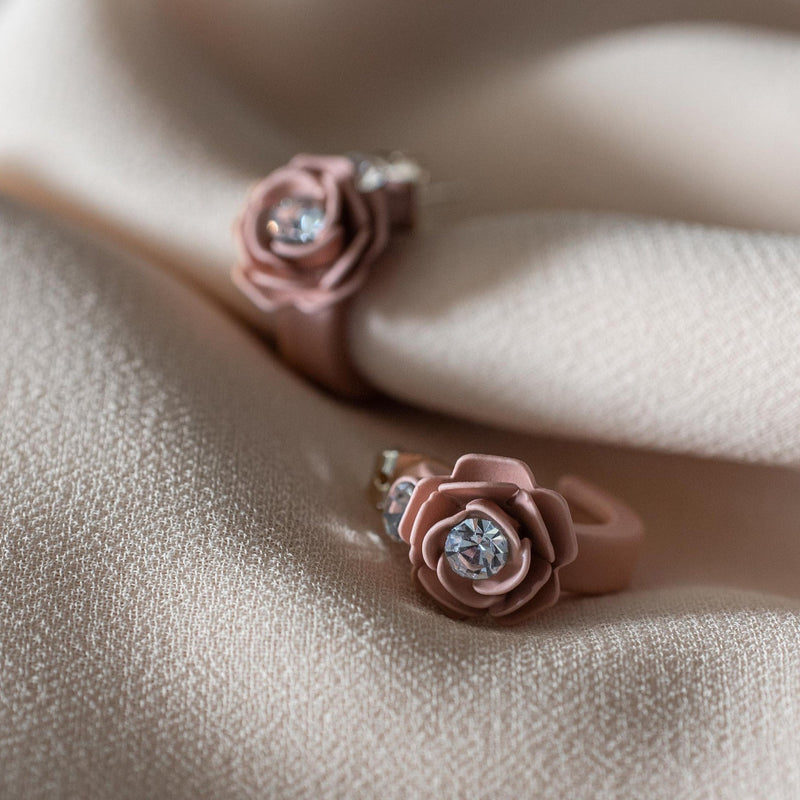 Murano Pink Sunset Camellia Mini Floral Hoop Earrings with Crystals - Silk Effect