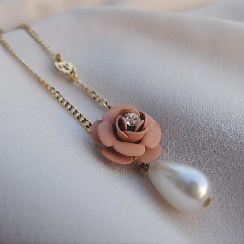 Murano Pink Sunset Camellia Necklace with Pearl Drop Charm - Silk Effect