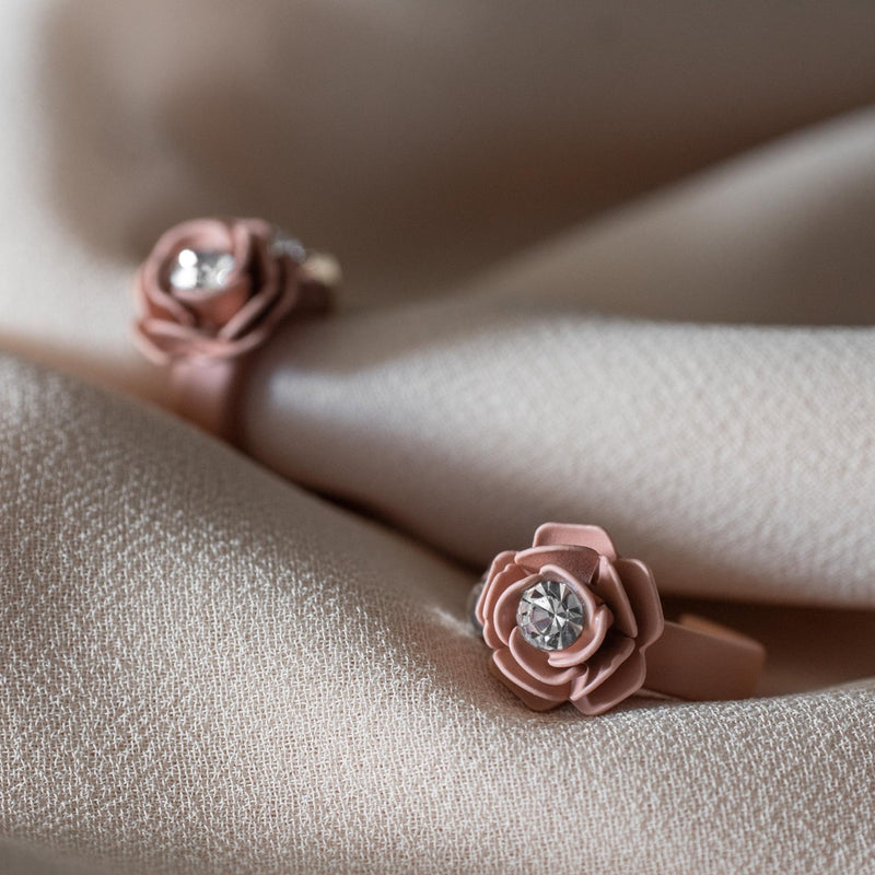 Murano Pink Sunset Camellia Mini Floral Hoop Earrings with Crystals - Silk Effect