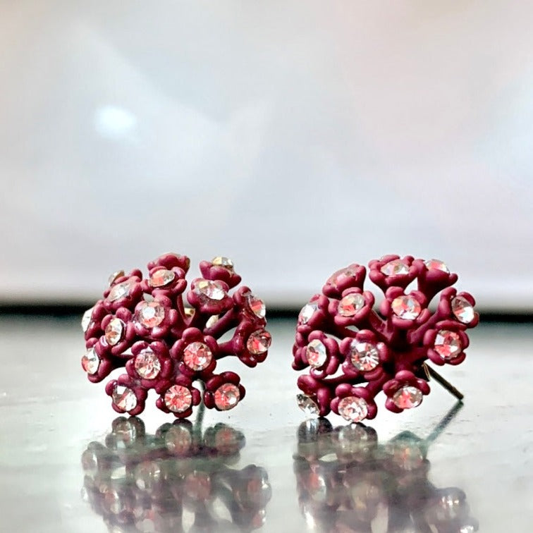 Tuscany Grape Purple Dandelion Stud Earrings Encrusted with crystals - Silk Effect