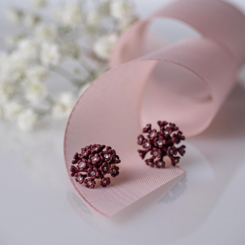 Tuscany Grape Purple Dandelion Stud Earrings Encrusted with crystals - Silk Effect