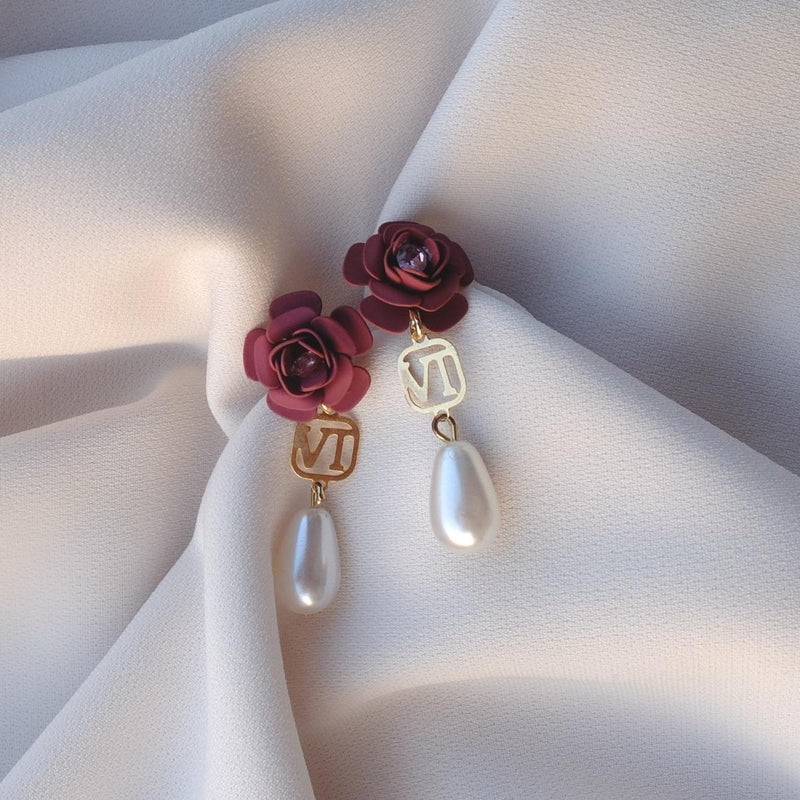 Tuscany Grape Purple Camellia Dangle Earrings with Pearl Drop Charm - Silk Effect