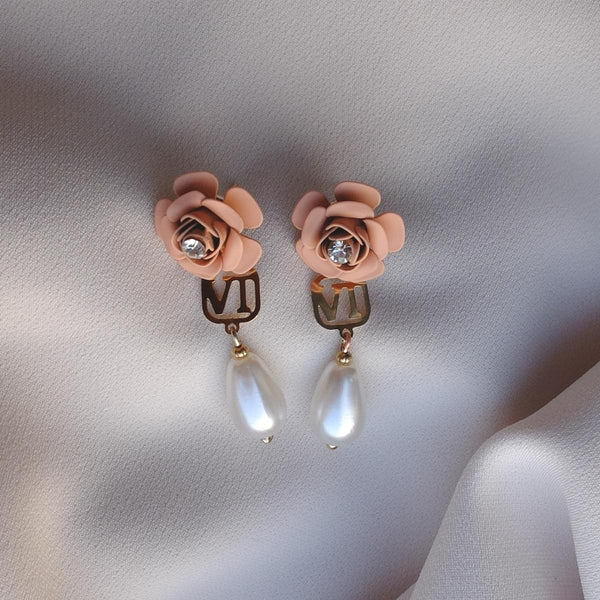 Murano Pink Sunset Camellia Dangle Earrings with Pearl Drop Charm - Silk Effect