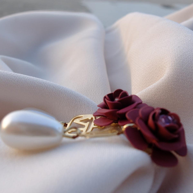 Tuscany Grape Purple Camellia Dangle Earrings with Pearl Drop Charm - Silk Effect