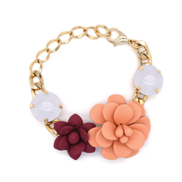 Hibiscus and Lily Bracelet with Diamond Cut Hand painted Resin Stones