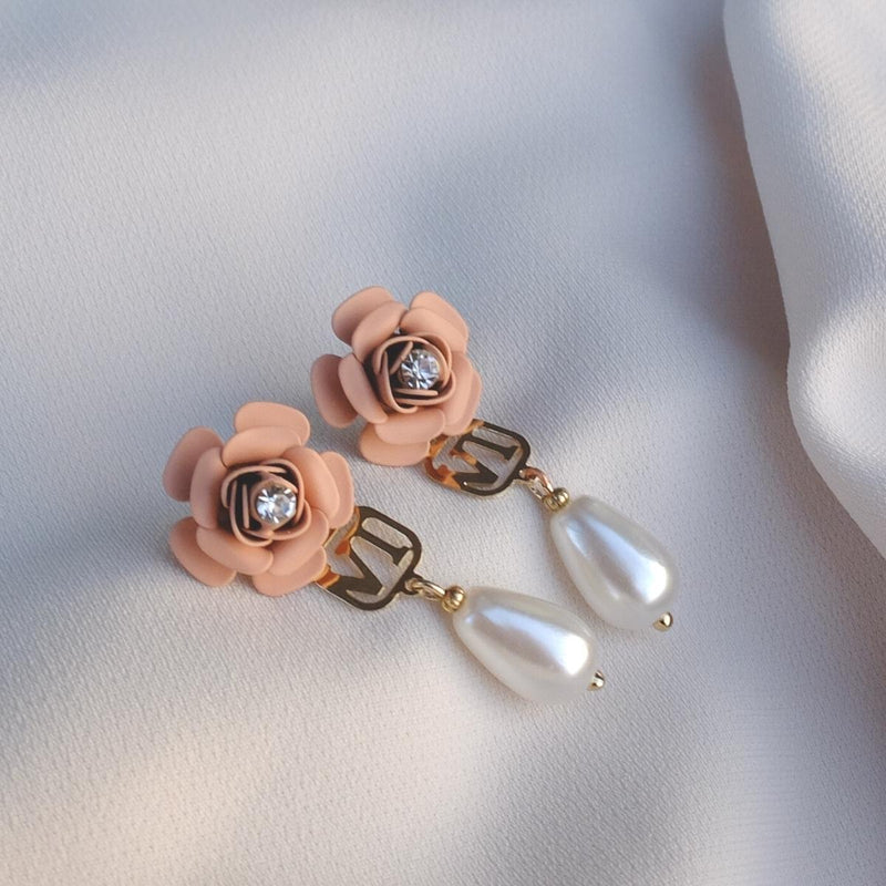 Murano Pink Sunset Camellia Dangle Earrings with Pearl Drop Charm - Silk Effect