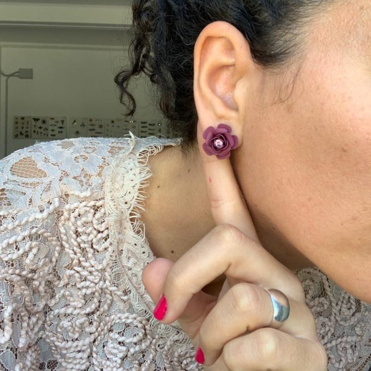 Tuscany Grape Purple Camellia Stud Earrings with crystal - Silk Effect