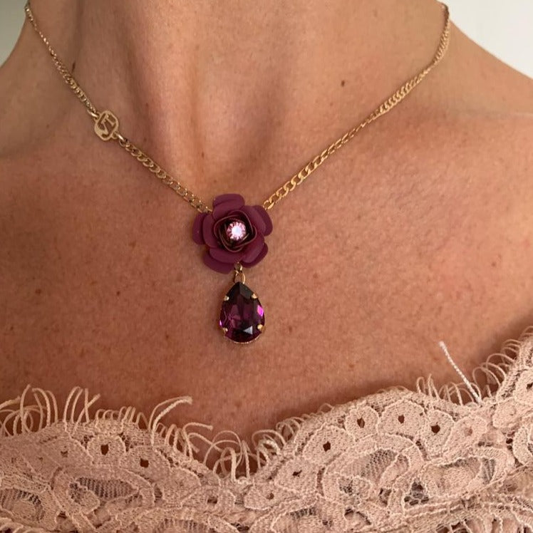 Camellia Necklace with Crystal Drop - Silk Effect