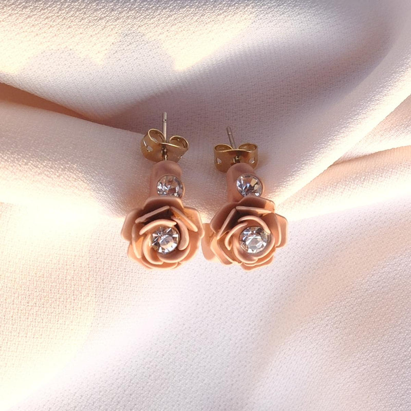 Murano Pink Sunset Camellia Mini Floral Hoop Earrings with Crystals - Silk Effect