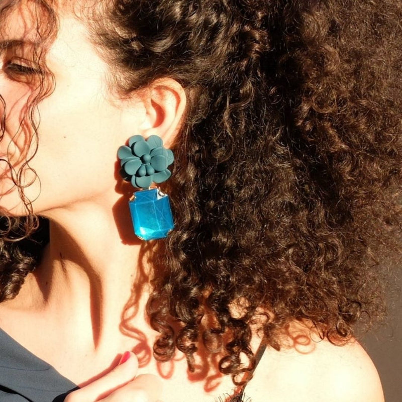Adriatic Sea Blue Breezy Hibiscus Earrings - Emerald Cut Hand Painted Resin Pendant