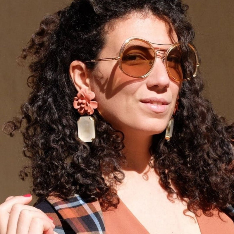 Terracotta Hibiscus Earrings - Emerald Cut Hand Painted Resin Pendant