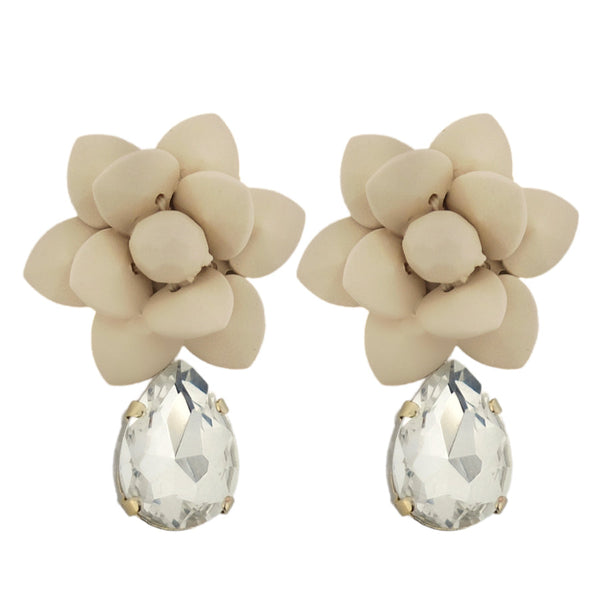 Italian Sand Beige Lily Earrings Silk Effect - Crystal Drop