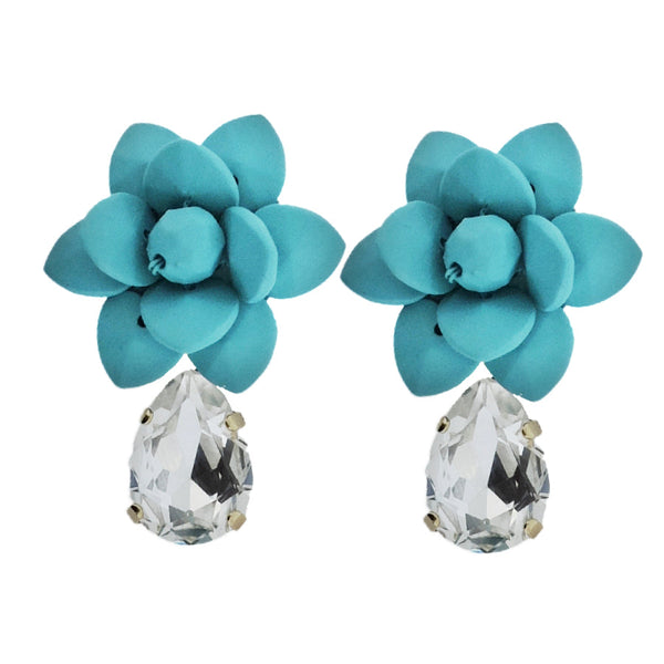 Portofino Bright Turquoise Lily Earrings Silk Effect - Crystal Drop