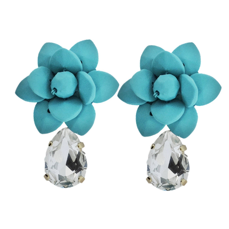 Portofino Bright Turquoise Lily Earrings Silk Effect - Crystal Drop