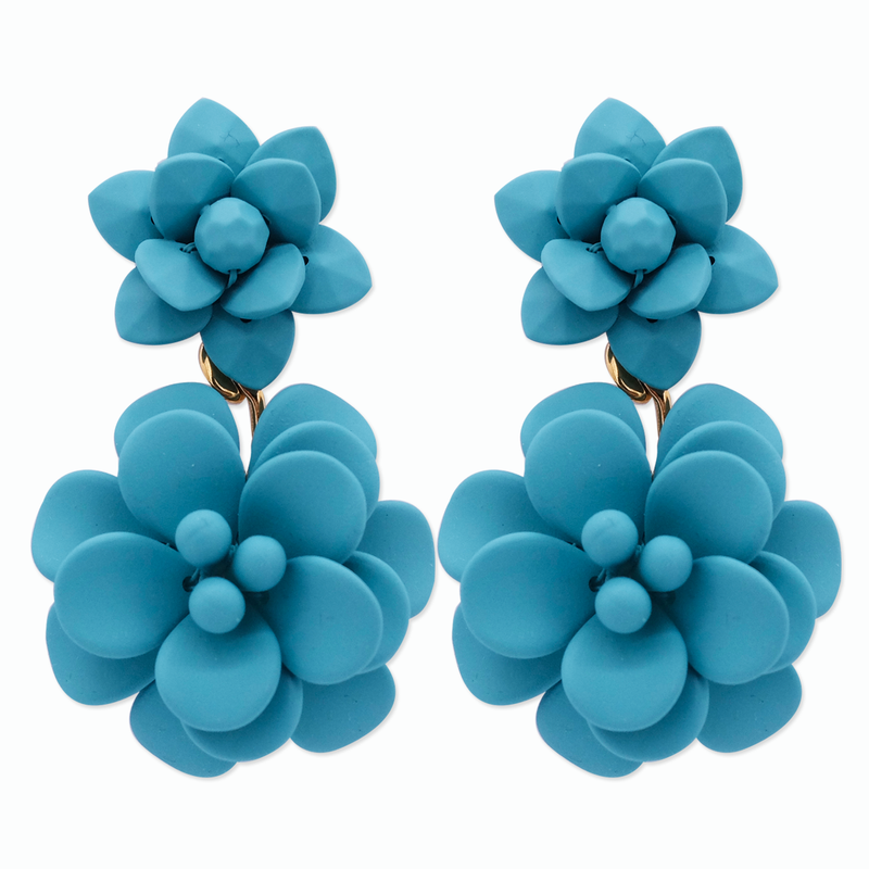 Portofino Bright Turquoise Hibiscus Silk Effect - Double Pendant Earrings