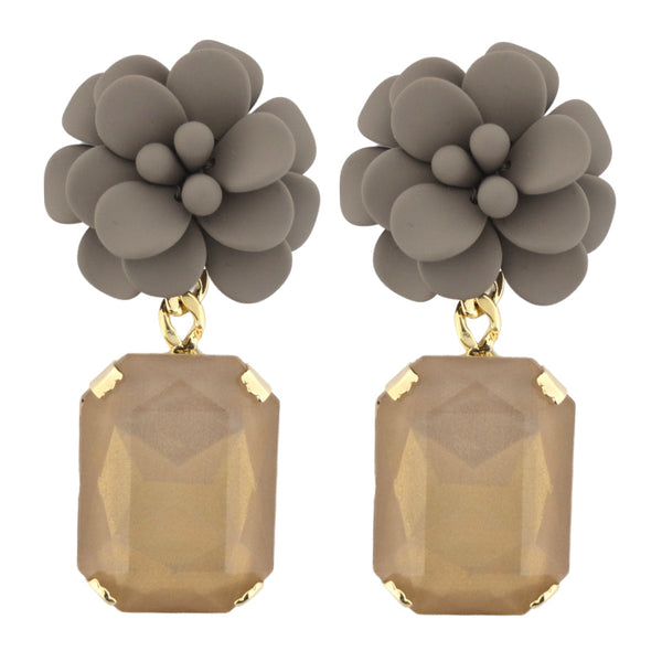 Italian Dove Grey Modern Marble Hibiscus Earrings - Emerald Cut Hand Painted Resin Pendant
