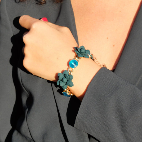 Hibiscus and Lily Bracelet with Diamond Cut Hand painted Resin Stones