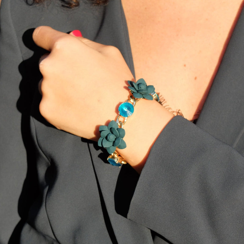 Hibiscus and Lily Bracelet with Diamond Cut Hand painted Resin Stones