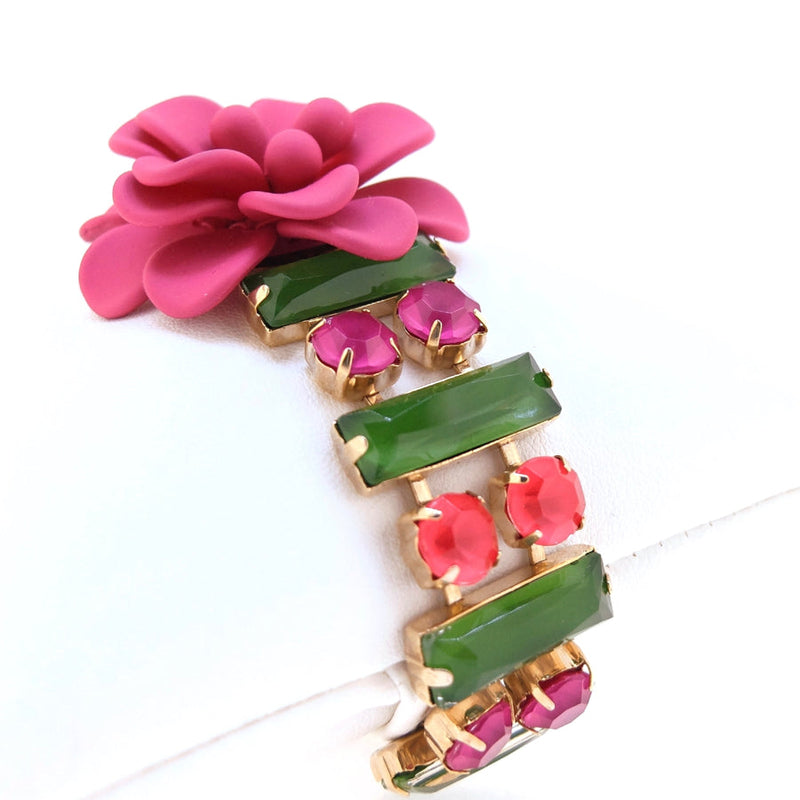 "La Dolce Vita" Hibiscus Sicilian Bougainvillea Hot Pink Bracelet with Hand Painted Resin Stones