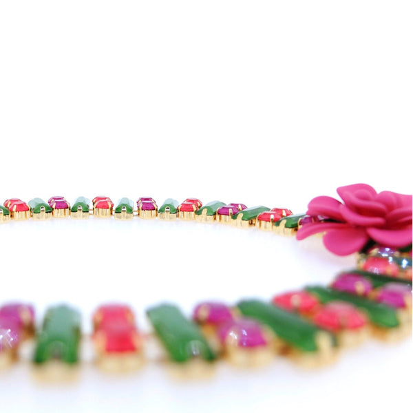 "La Dolce Vita" Hibiscus Sicilian Bougainvillea Hot Pink Statement Collar Choker Necklace with Hand Painted Resin Stones