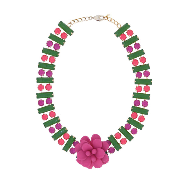 "La Dolce Vita" Hibiscus Sicilian Bougainvillea Hot Pink Statement Collar Choker Necklace with Hand Painted Resin Stones