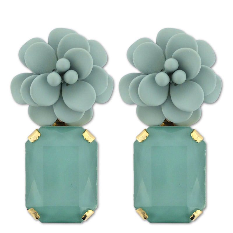Roman Mint Hibiscus Earrings - Emerald Cut Hand Painted Resin Pendant