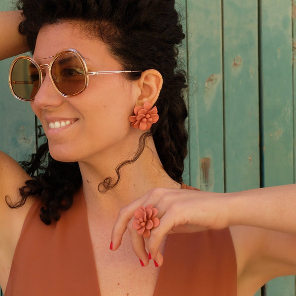Terracotta Hibiscus Silk Effect Adjustable Ring