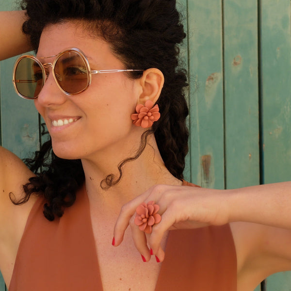 Terracotta Hibiscus Stud Earrings - Silk Effect