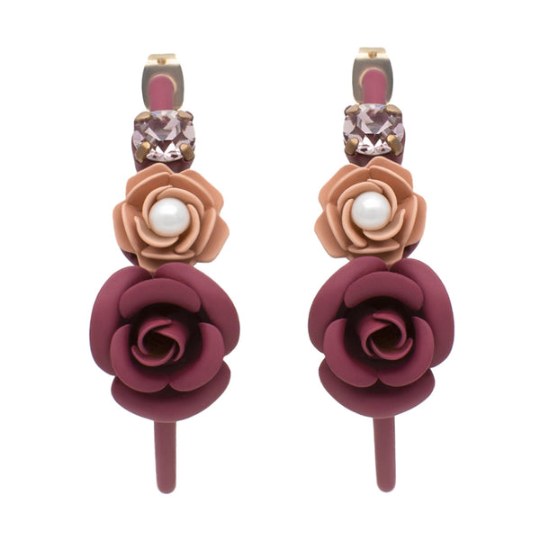 Tuscany Grape Purple Violetta Floral Hoop Earrings with Crystals - Silk effect