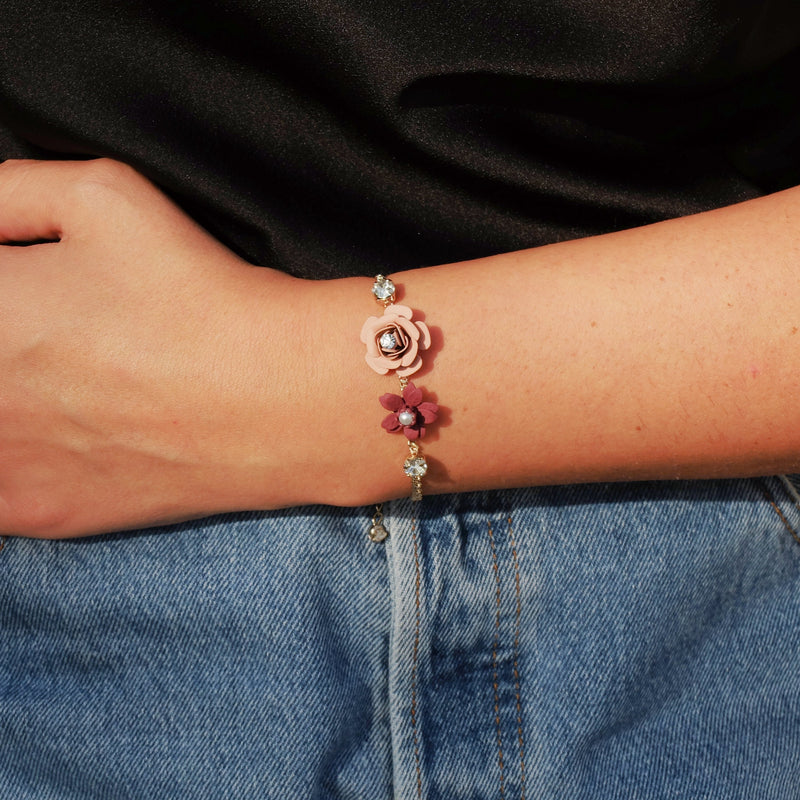 Murano Pink Sunset Camellia Double Color Adjustable Bracelet with Crystals  - Silk Effect