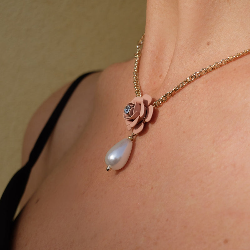 Murano Pink Sunset Camellia Necklace with Pearl Drop Charm - Silk Effect