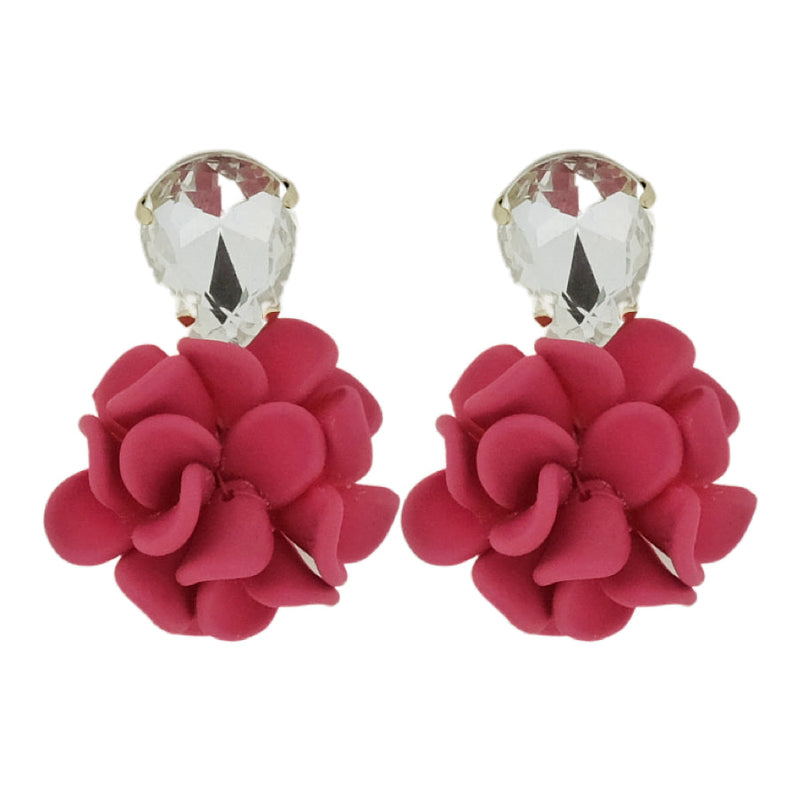 Sicilian Bougainvillea Hot Pink Dahlia Dangle Drop Crystal Earrings