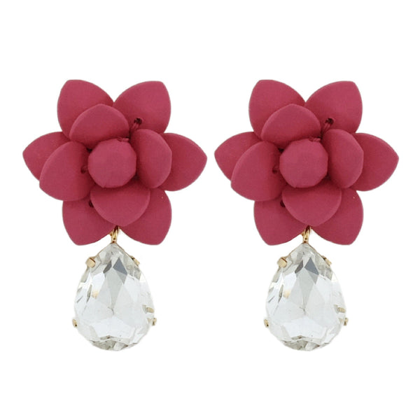 Sicilian Bougainvillea Hot Pink Lily Earrings Silk Effect - Crystal Drop