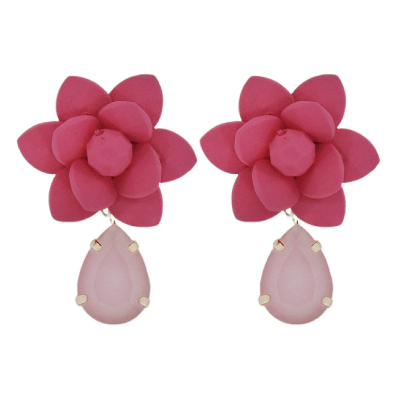 Sicilian Bougainvillea Hot Pink Lily Earrings Silk Effect - Crystal Drop