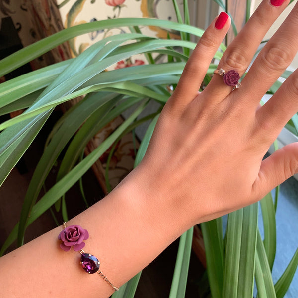 Tuscany Grape Purple Camellia Adjustable Bracelet with Crystal Drop - Silk Effect