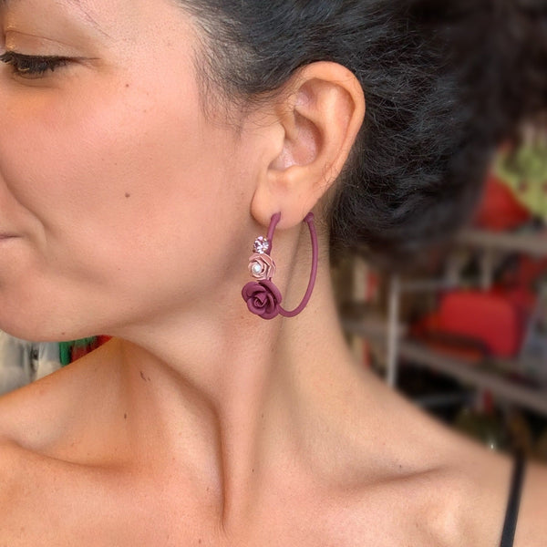 Tuscany Grape Purple Violetta Floral Hoop Earrings with Crystals - Silk effect
