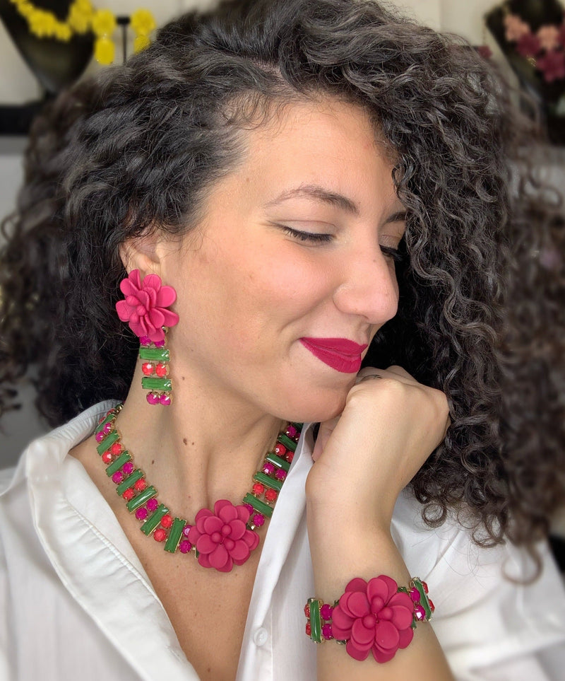 "La Dolce Vita" Hibiscus Sicilian Bougainvillea Hot Pink Statement Collar Choker Necklace with Hand Painted Resin Stones